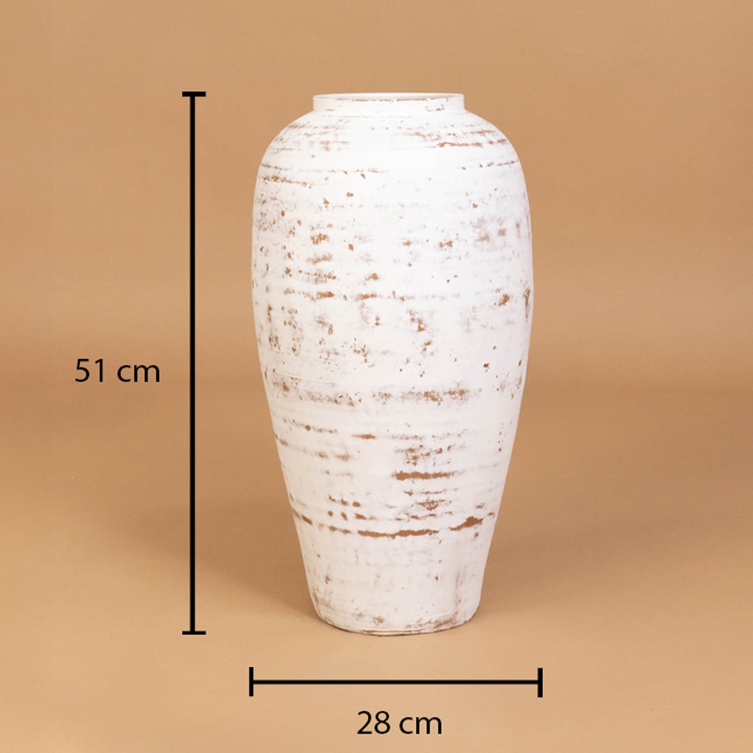 White rustic textured decorative vase shown with 51 cm height and 28 cm width for accurate placement in modern home interior decor.