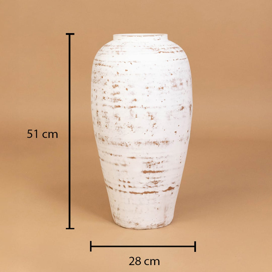 White rustic textured decorative vase shown with 51 cm height and 28 cm width for accurate placement in modern home interior decor.