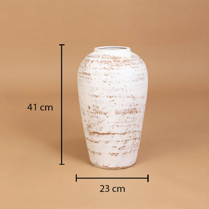 White rustic tall decorative vase shown with 41 cm height and 23 cm width for accurate placement in modern home interior decor environments.