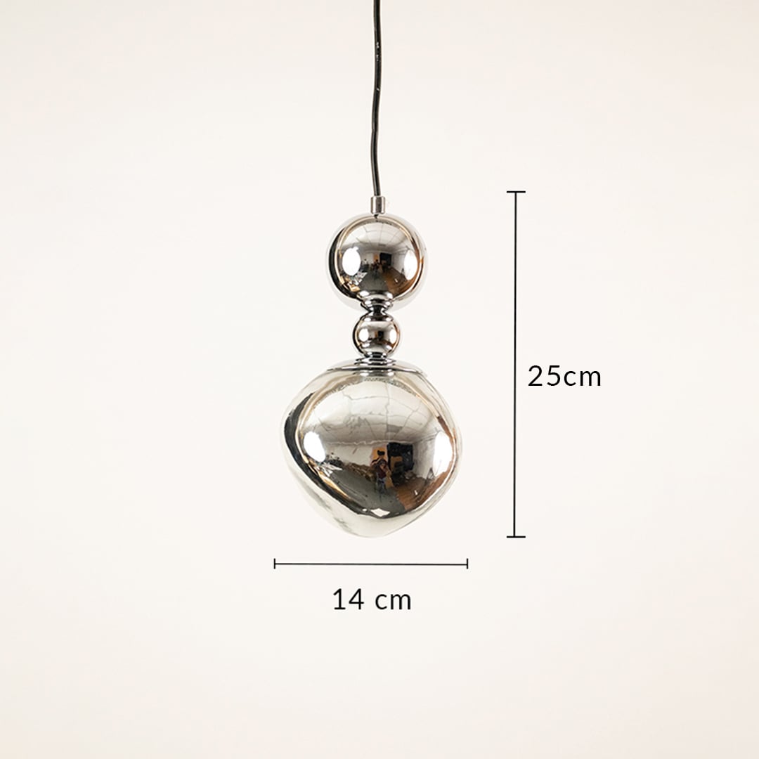Silver glass globe pendant light with mirror finish showing 25 cm height and 14 cm diameter for contemporary ceiling decor.