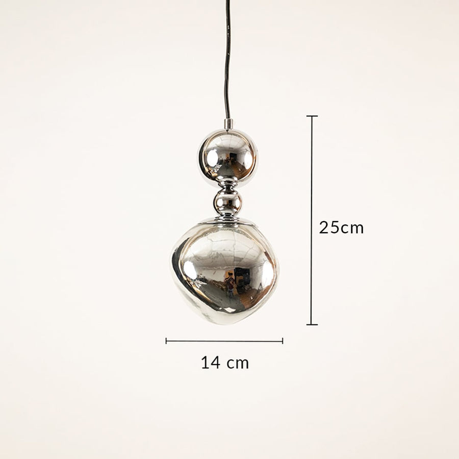 Silver glass globe pendant light with mirror finish showing 25 cm height and 14 cm diameter for contemporary ceiling decor.