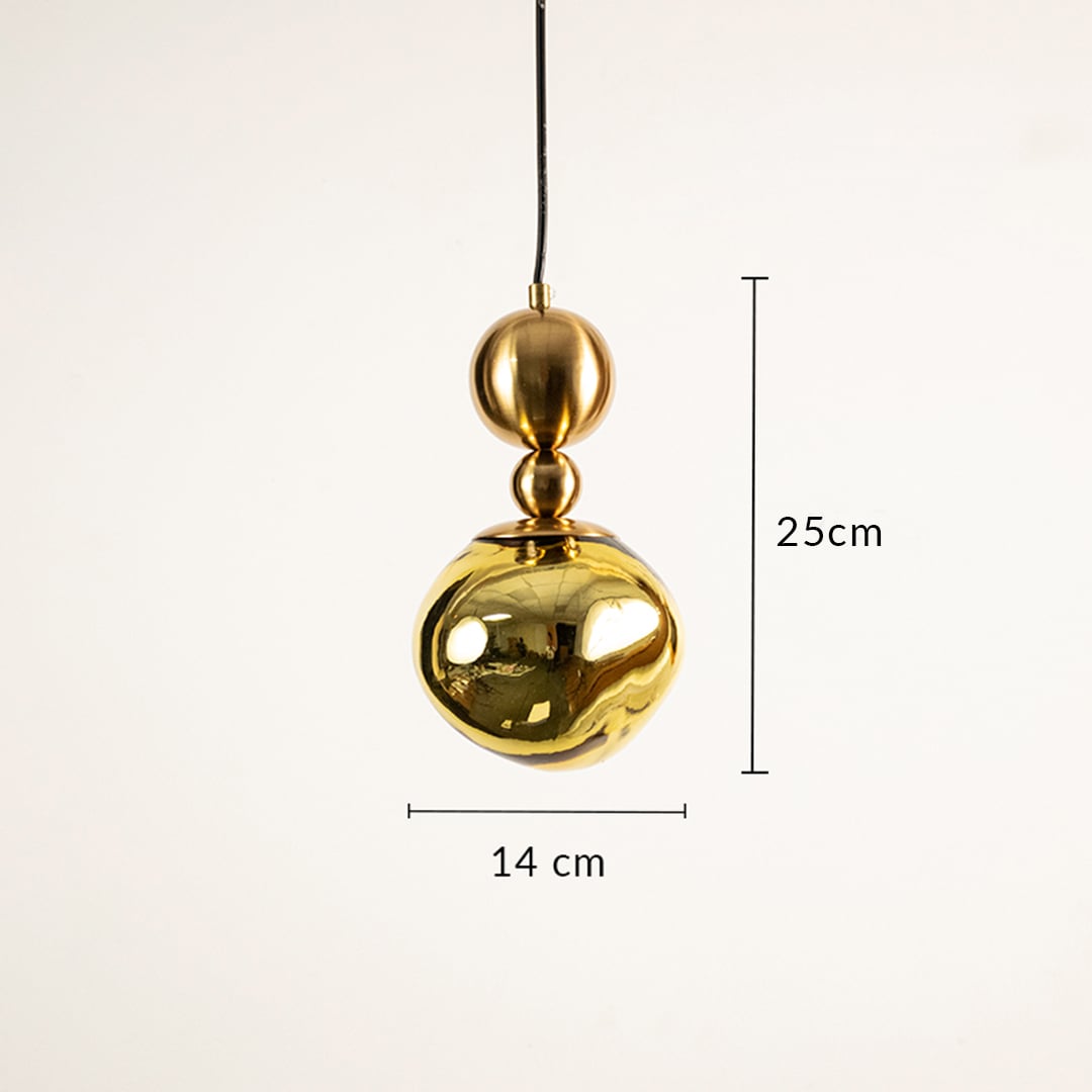 Gold glass globe pendant light with reflective finish showing 25 cm height and 14 cm diameter suitable for modern interiors.