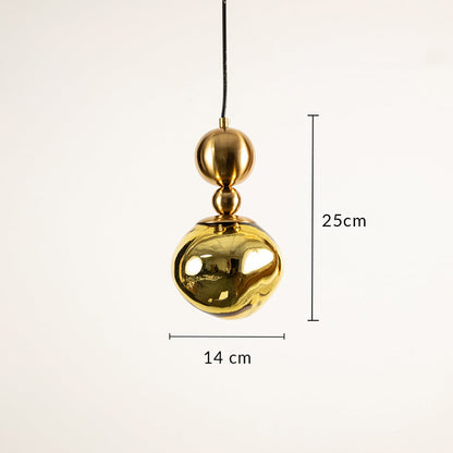 Gold glass globe pendant light with reflective finish showing 25 cm height and 14 cm diameter suitable for modern interiors.