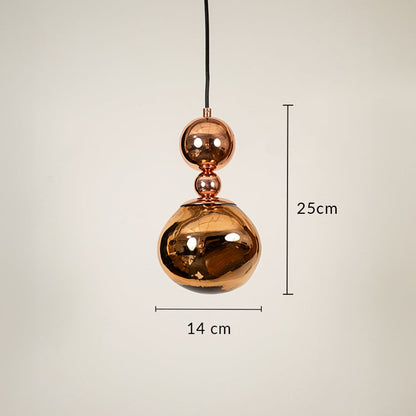 Copper glass globe pendant light with glossy finish showing 25 cm height and 14 cm diameter for warm ambient lighting use.