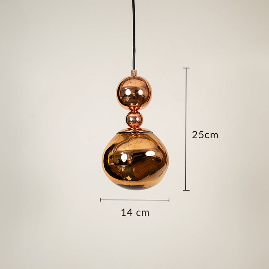 Copper glass globe pendant light with glossy finish showing 25 cm height and 14 cm diameter for warm ambient lighting use.