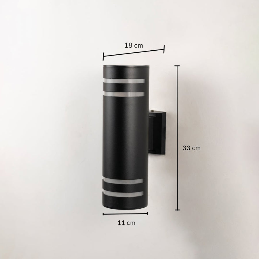 Black cylindrical wall light dimension image showing 33 cm height and 11 cm width with sleek modern profile.