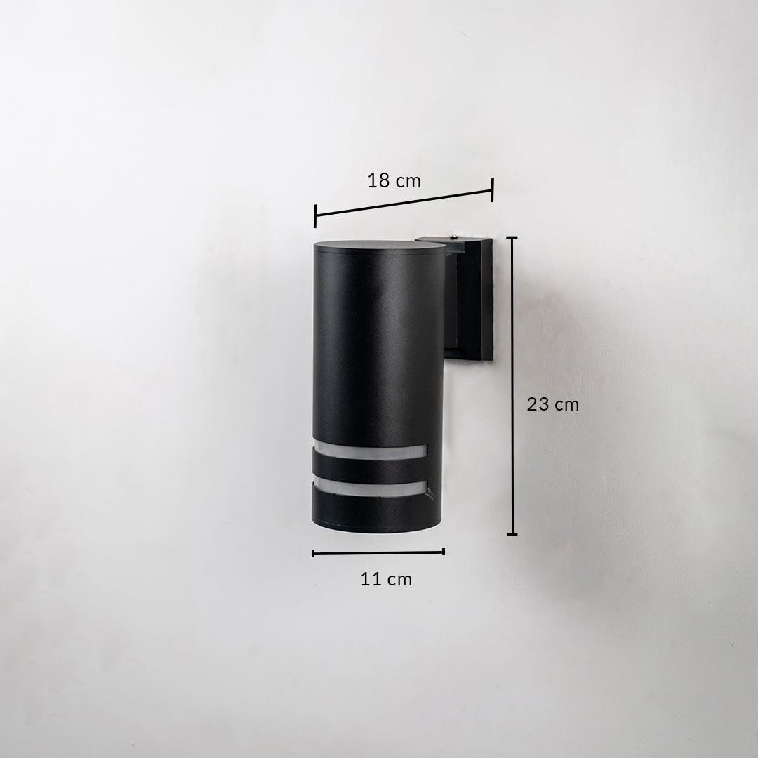 Black cylindrical wall light dimension image showing 23 cm height and 11 cm width with minimalist design.