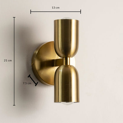 Gold double wall sconce shown with size reference perfect for modern bedroom and living room wall lighting.