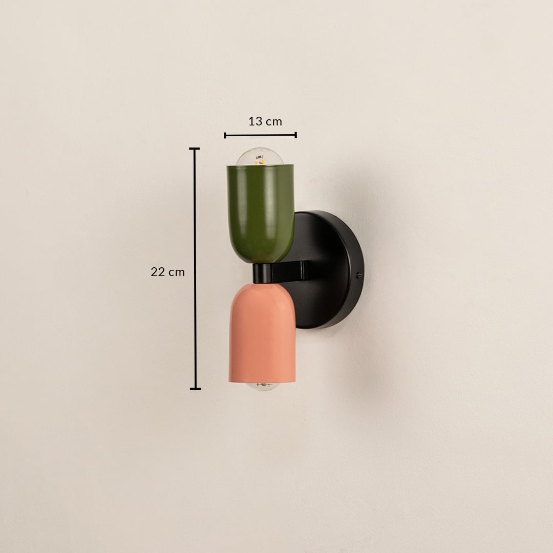 Modern wall light measuring 22 cm in height and 13 cm in width with black wall mount and colorful shades.