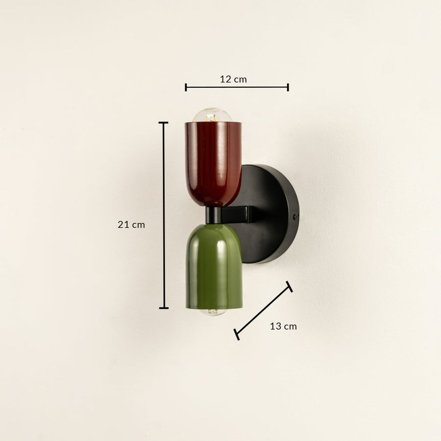 Modern dual tone wall light 21 cm tall and 12 cm wide shown for size detail perfect for living or bedroom decor.