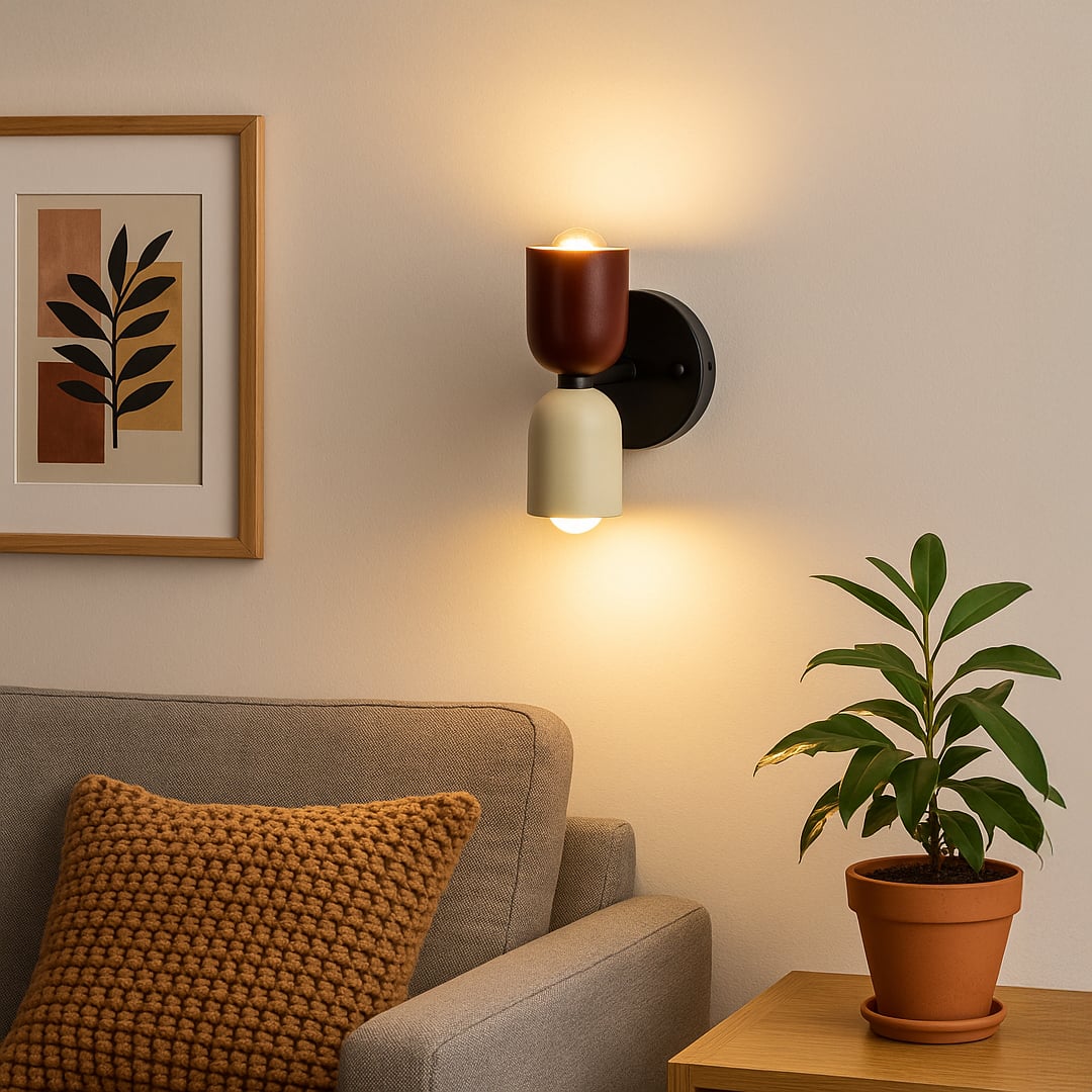 Red and cream wall sconce glowing softly beside bed adding warmth and artistic charm to modern home interiors.