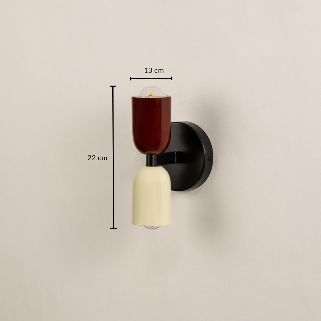 Red and cream wall sconce 22 cm tall and 13 cm wide shown for size detail perfect for bedroom or hallway lighting.