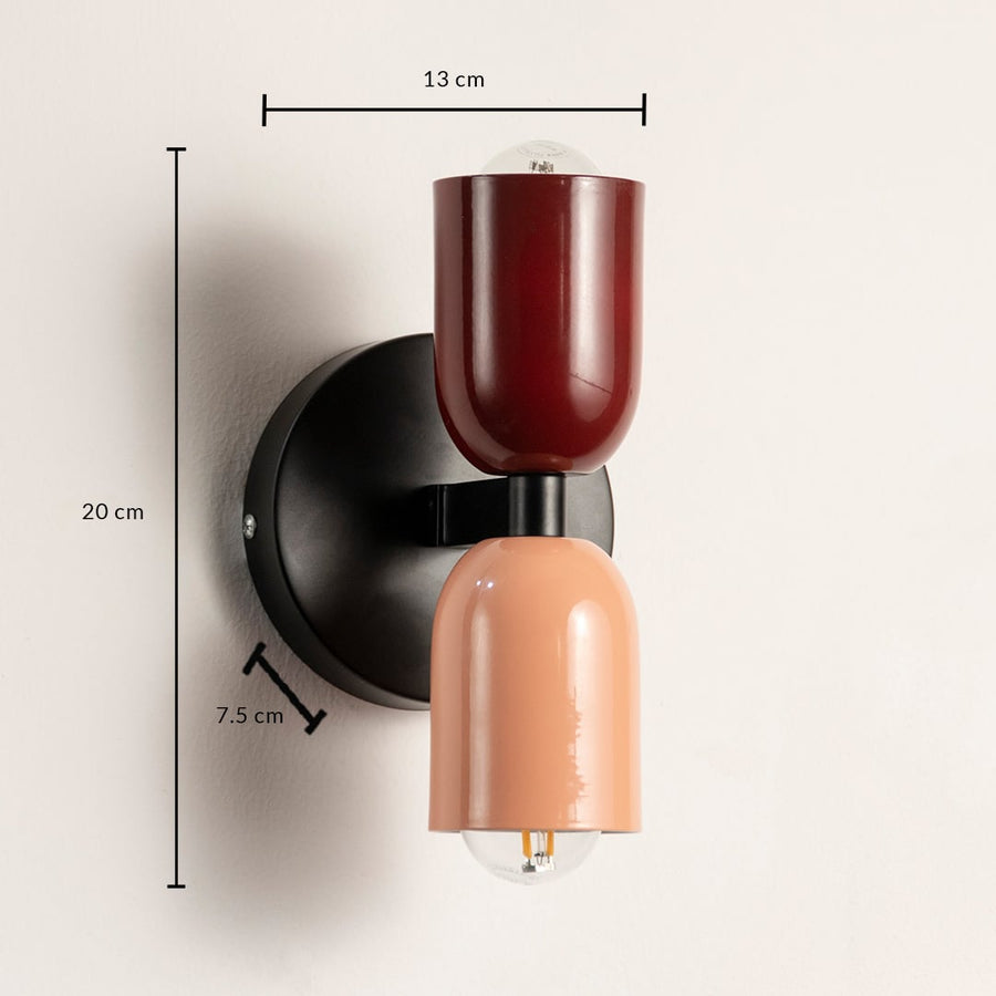 A dual tone wall light displayed on a white background showing clear measurements of 20 cm height 13 cm width and 7 cm depth for accurate product sizing.