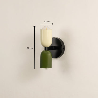 Green and cream dual shade wall light with 22 cm height and 13 cm width shown with dimensions for modern interiors.