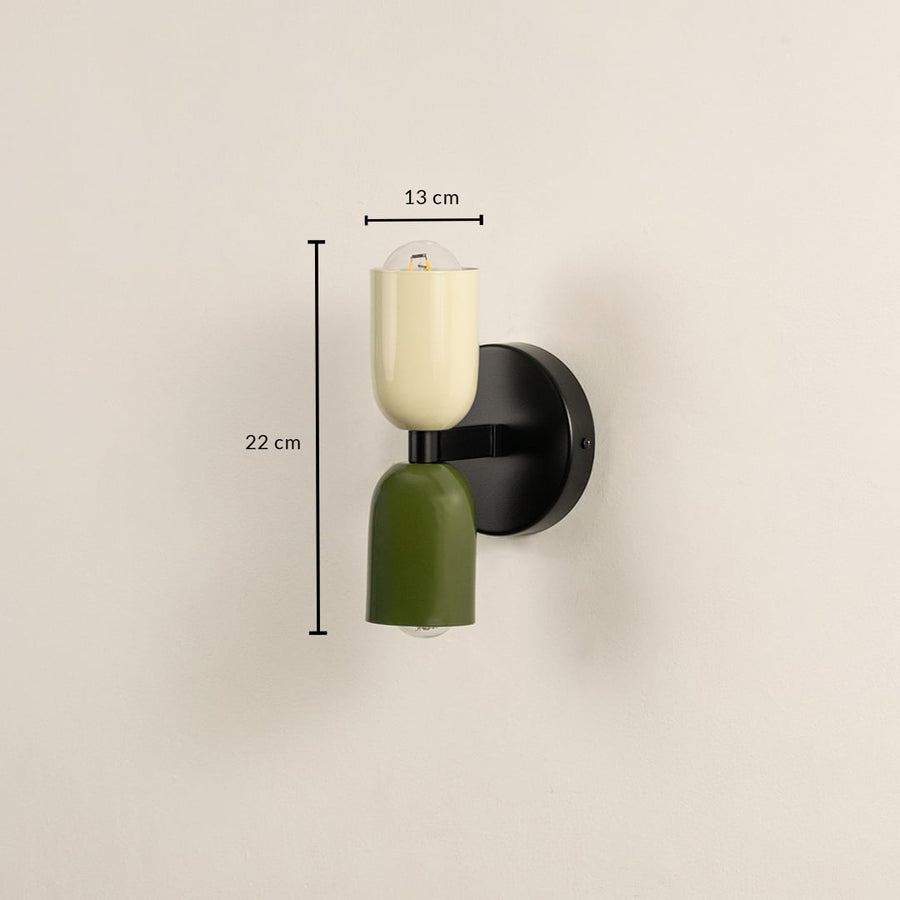 Green and cream dual shade wall light with 22 cm height and 13 cm width shown with dimensions for modern interiors.