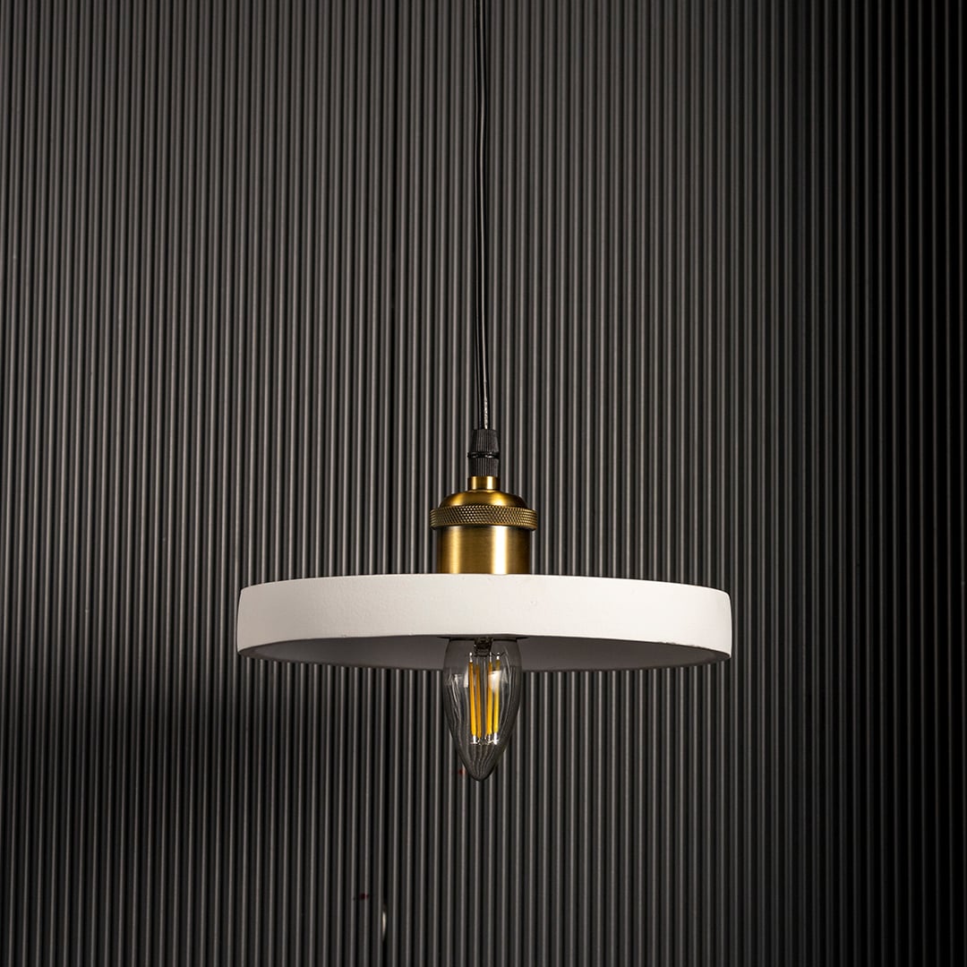 White ring pendant light turned off with visible bulb and elegant circular frame on black background.