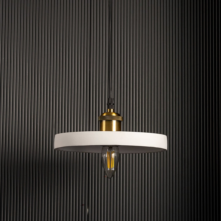 White ring pendant light turned off with visible bulb and elegant circular frame on black background.