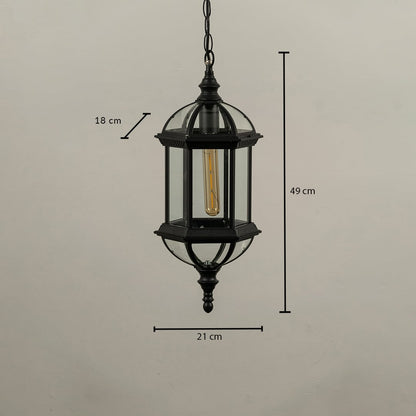 Technical diagram of black outdoor pendant light showing height 35 cm width 20 cm and depth 18 cm for installation reference.