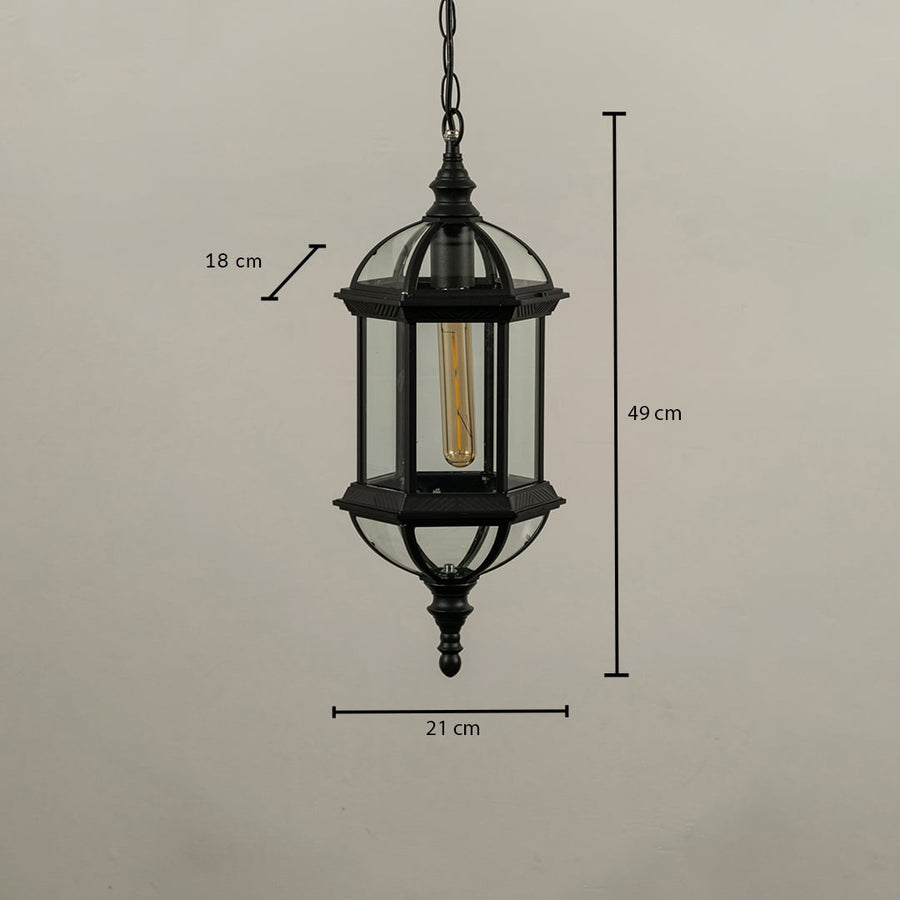 Technical diagram of black outdoor pendant light showing height 35 cm width 20 cm and depth 18 cm for installation reference.