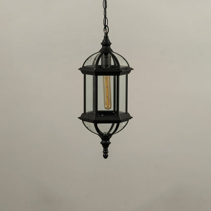Unlit black metal garden hanging light fixture with chain and frosted glass panels isolated against a plain white background.