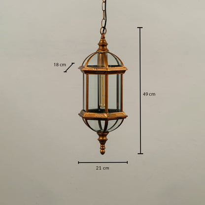 Technical diagram of antique brass outdoor lantern showing height 49 cm width 21 cm and depth 18 cm for installation reference.