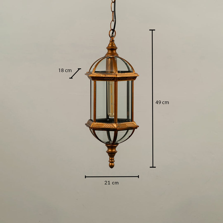 Technical diagram of antique brass outdoor lantern showing height 49 cm width 21 cm and depth 18 cm for installation reference.