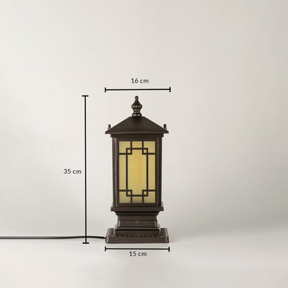 Black traditional post lantern Dimensions Image $34 \text{ cm}$ height $17 \text{ cm}$ top width $15 \text{ cm}$ base width.