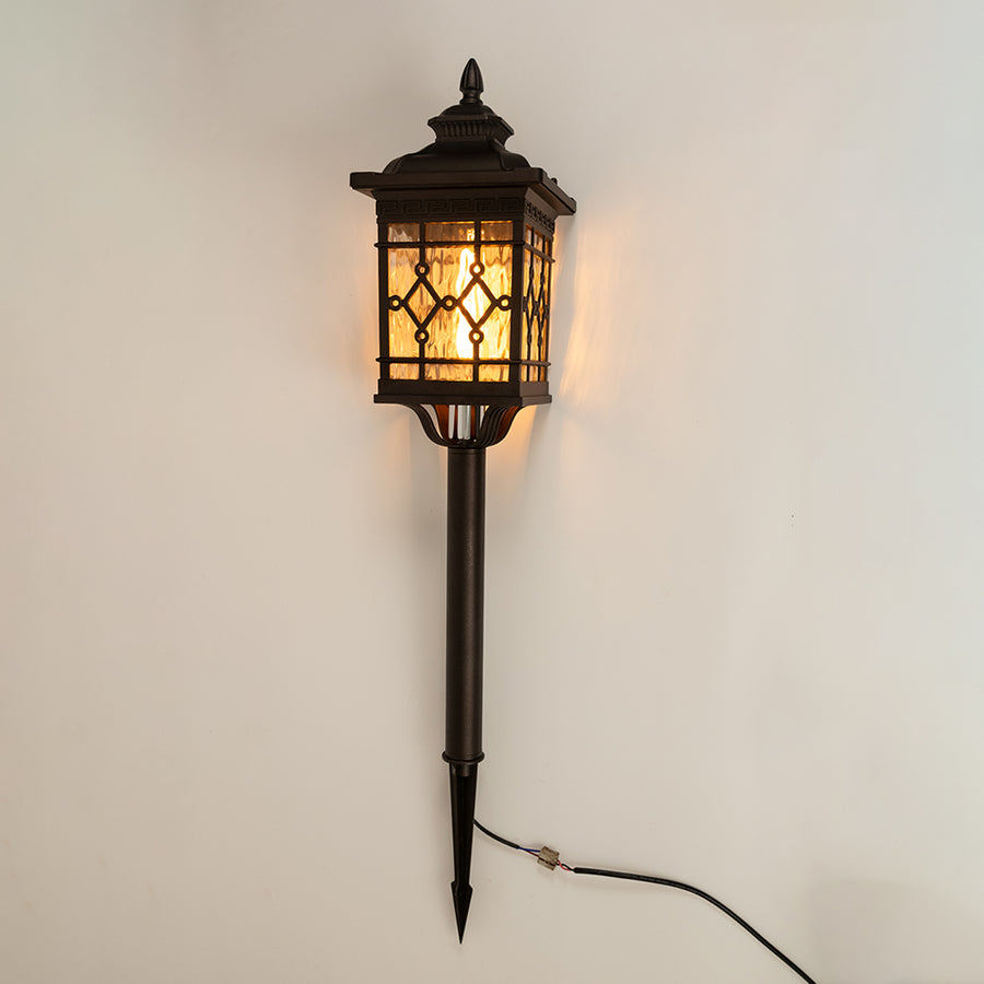 Vintage black outdoor wall light with glowing lattice panels for luxury exterior decor styling use.