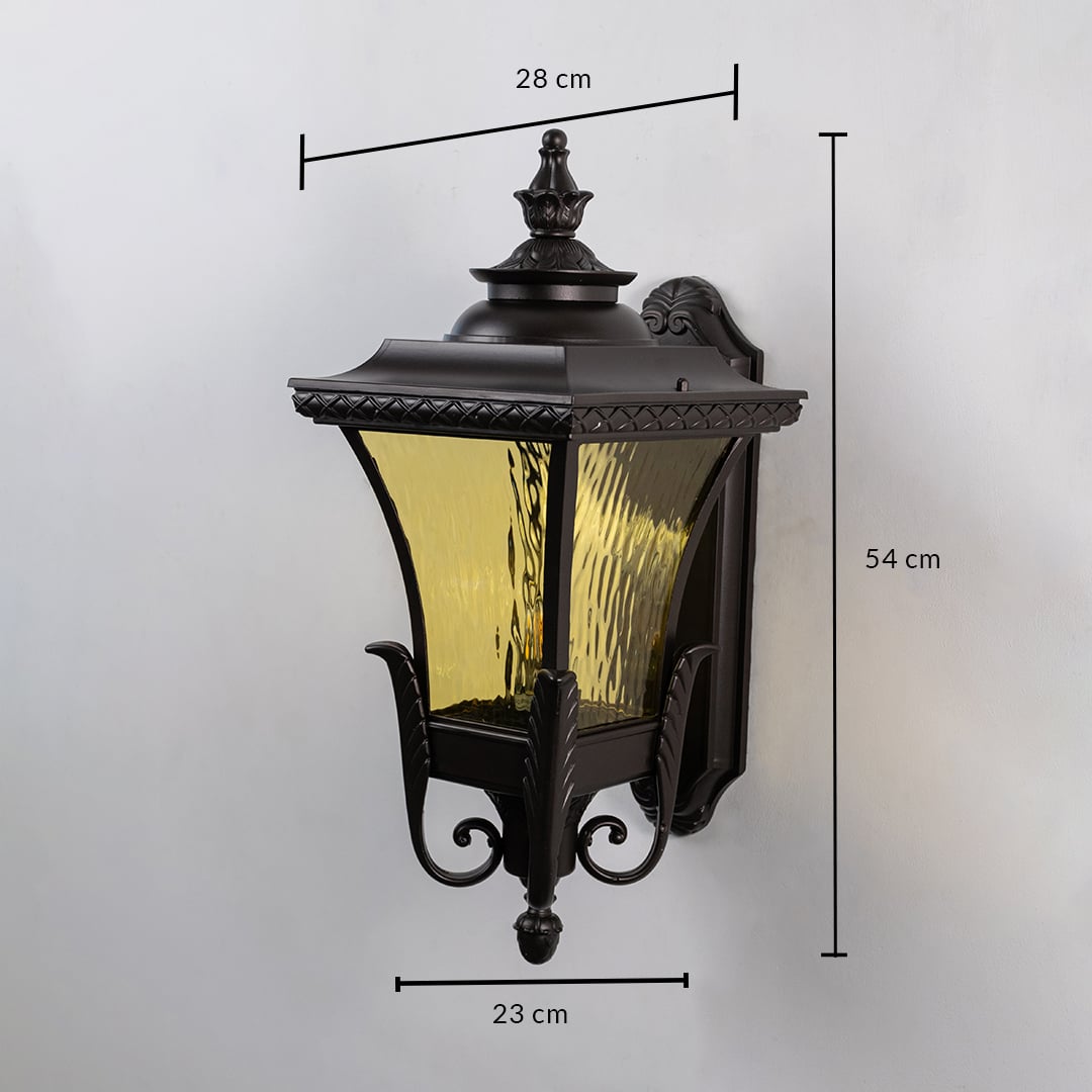 Bronze exterior wall light dimension image showing 28cm by 54cm by 23cm measurements for correct patio installation.