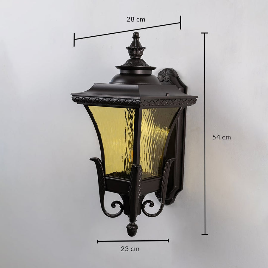 Bronze exterior wall light dimension image showing 28cm by 54cm by 23cm measurements for correct patio installation.