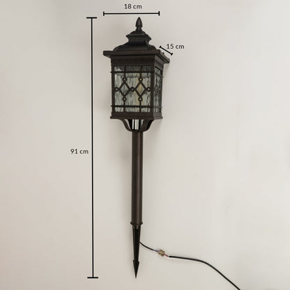 Black metal garden spike lantern with patterned glass shown with 91 cm height 18 cm width and 15 cm depth providing accurate installation measurements.