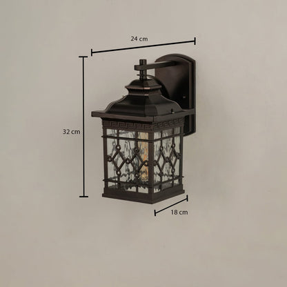 Outdoor wall lantern with measurements showing 32 cm height 24 cm width and 18 cm depth on a white background.