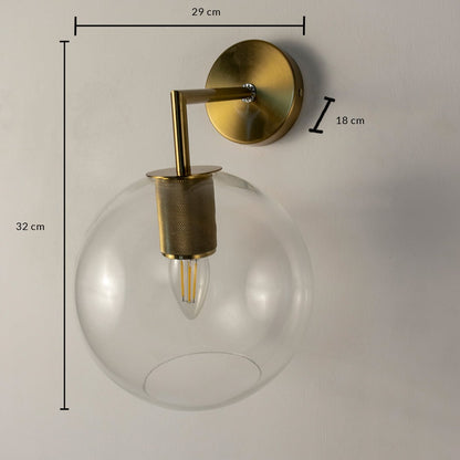 Modern gold metal glass wall light with 29 cm height and 11 cm canopy for elegant bedroom and hallway home decor spaces.

