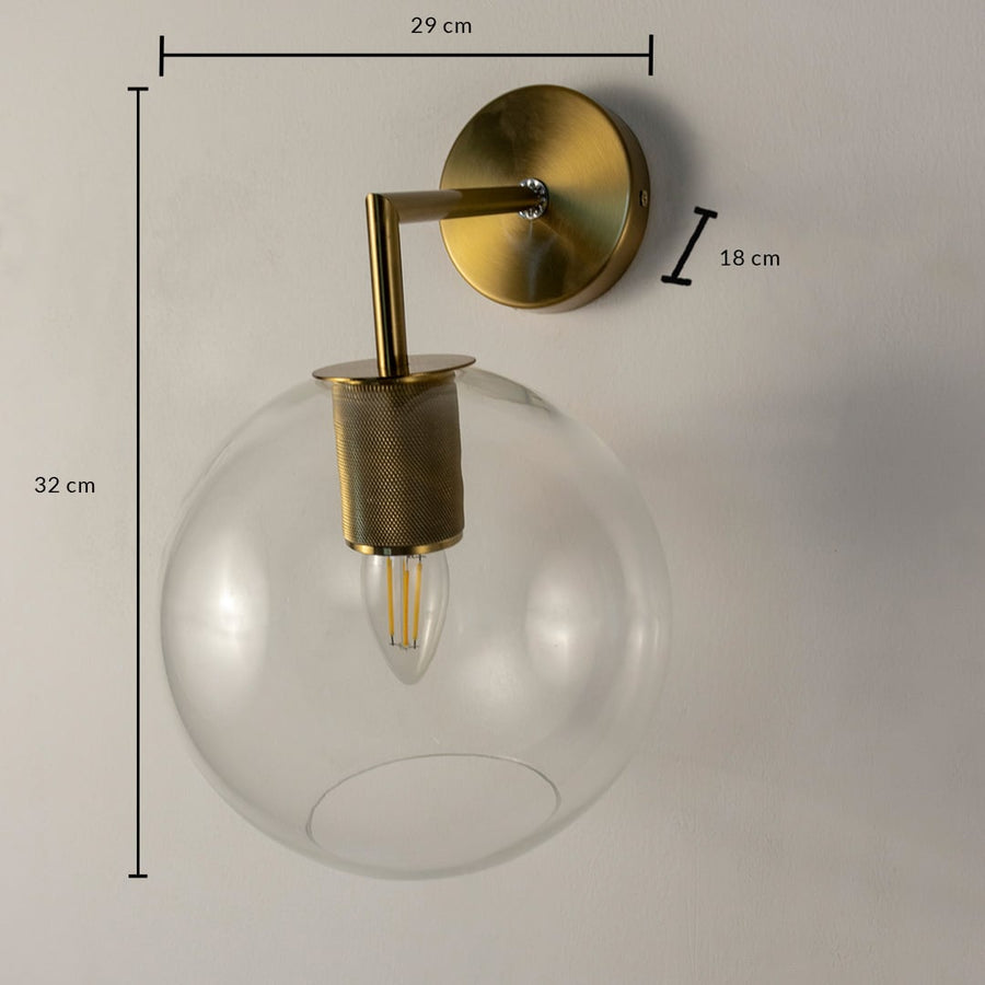 Modern gold metal glass wall light with 29 cm height and 11 cm canopy for elegant bedroom and hallway home decor spaces.

