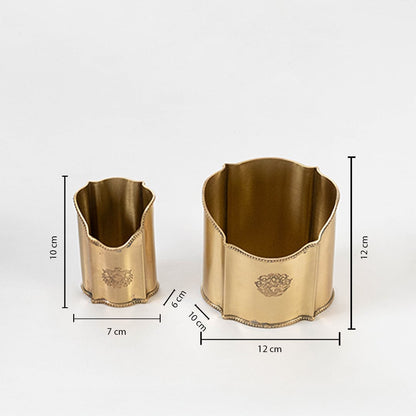 Gold pen holders set displayed on white background with size dimensions labeled for each organizer.