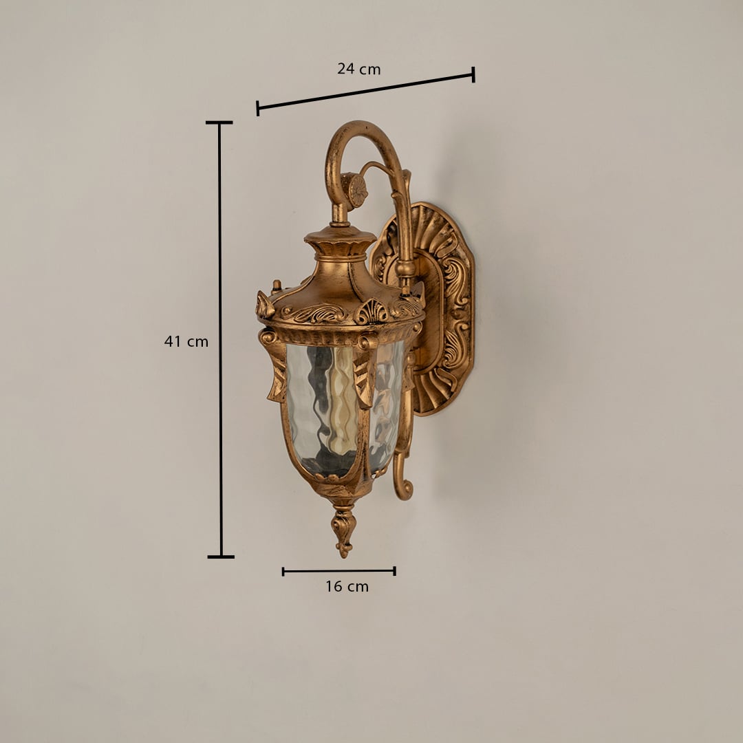 A gold antique outdoor wall lantern shown on a white background with all measurements clearly marked including height 41 cm width 16 cm and wall extension 24 cm for accurate installation.
