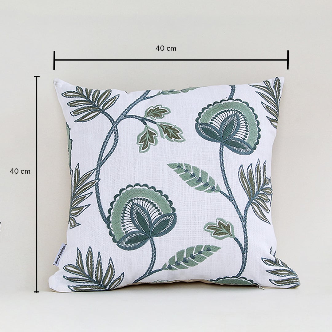 Floral embroidered cushion measuring 40 cm by 40 cm shown clearly with size markings on white background.