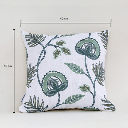 Floral embroidered cushion measuring 40 cm by 40 cm shown clearly with size markings on white background.