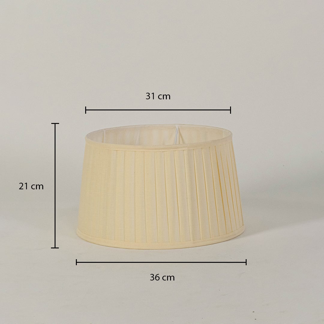 Cream pleated lampshade with dimensions showing 21 cm height 31 cm top width and 36 cm bottom width for accurate size reference.
