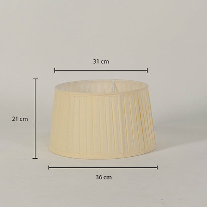 Cream pleated lampshade with dimensions showing 21 cm height 31 cm top width and 36 cm bottom width for accurate size reference.