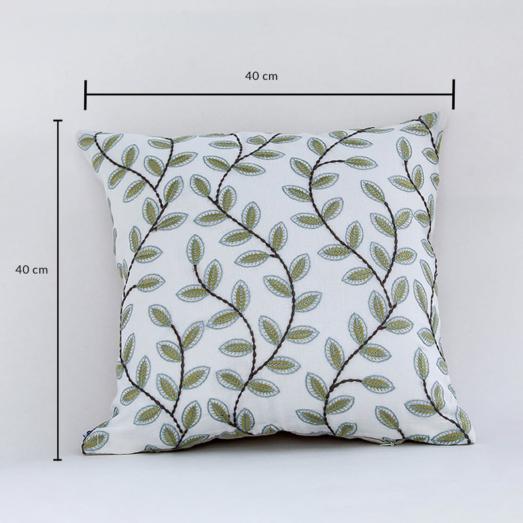 Soft cotton cushion cover with green leaf embroidery displayed with visible dimensions of 40 cm by 40 cm offering a fresh nature inspired décor accent with a breathable gentle and skin friendly fabric finish.