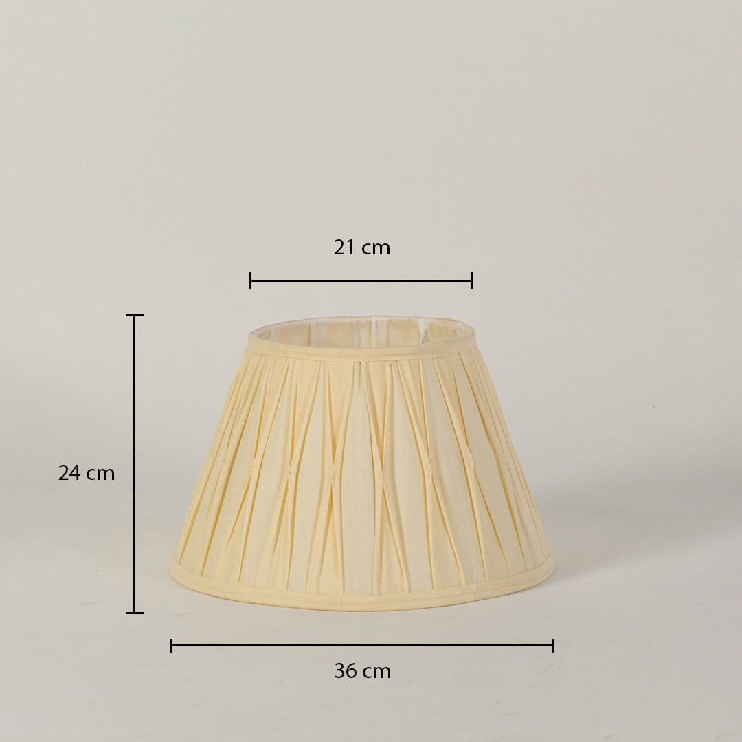 Cream pleated lampshade with dimensions showing 24 cm height 21 cm top width and 36 cm bottom width for accurate size reference.