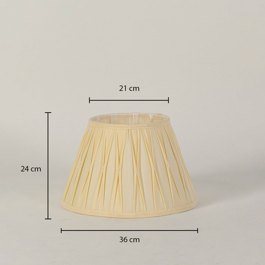 Cream pleated lampshade with dimensions showing 24 cm height 21 cm top width and 36 cm bottom width for accurate size reference.