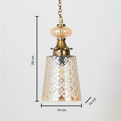 Clear patterned glass and brass pendant light dimension image with 14 cm width and 24 cm height for luxury bedside placement.
