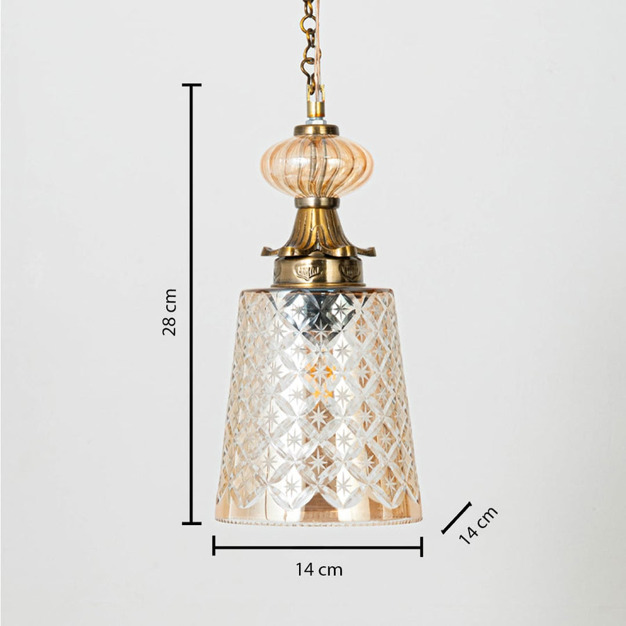 Clear patterned glass and brass pendant light dimension image with 14 cm width and 24 cm height for luxury bedside placement.