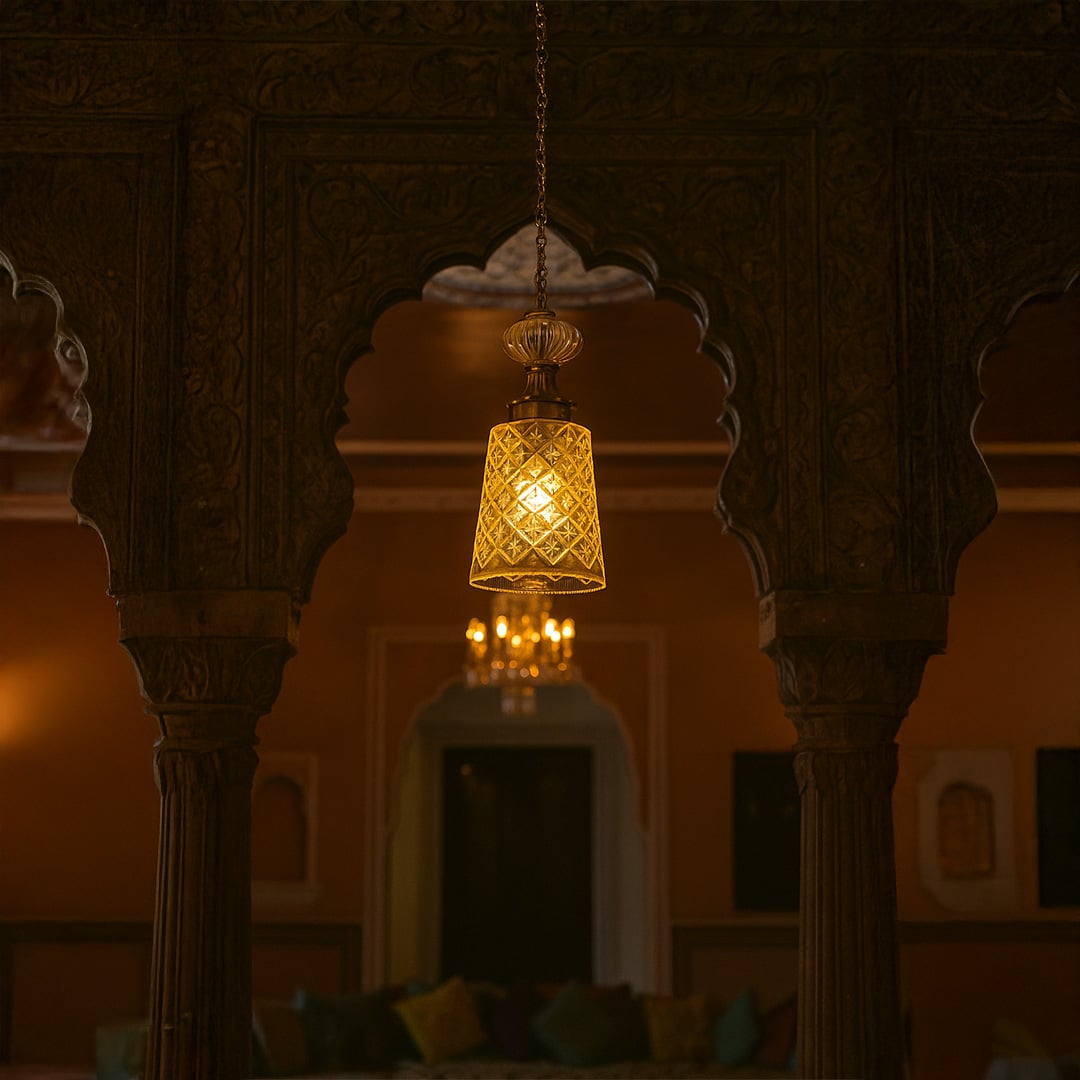 Patterned glass and gold metal pendant light creating warm ambience in luxurious heritage style interiors.