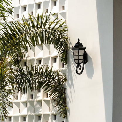Classic black metal outdoor wall lantern light off with frosted glass mounted on a modern exterior wall surrounded by palm leaves ideal for patio porch and garden Decor.