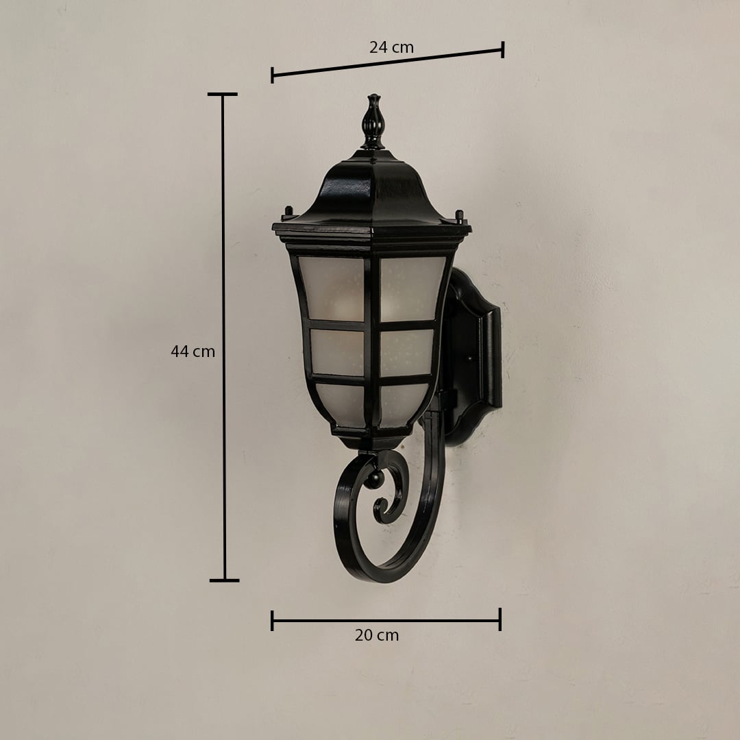 Black metal outdoor wall lantern showing size clearly with height 44 cm width 24 cm and depth 20 cm ideal for porch patio garden and entryway lighting.