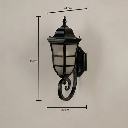 Black metal outdoor wall lantern showing size clearly with height 44 cm width 24 cm and depth 20 cm ideal for porch patio garden and entryway lighting.