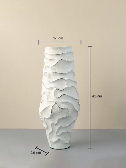 White ceramic vase size 42 cm height and 16 cm width ideal for table placement and stylish home interiors.